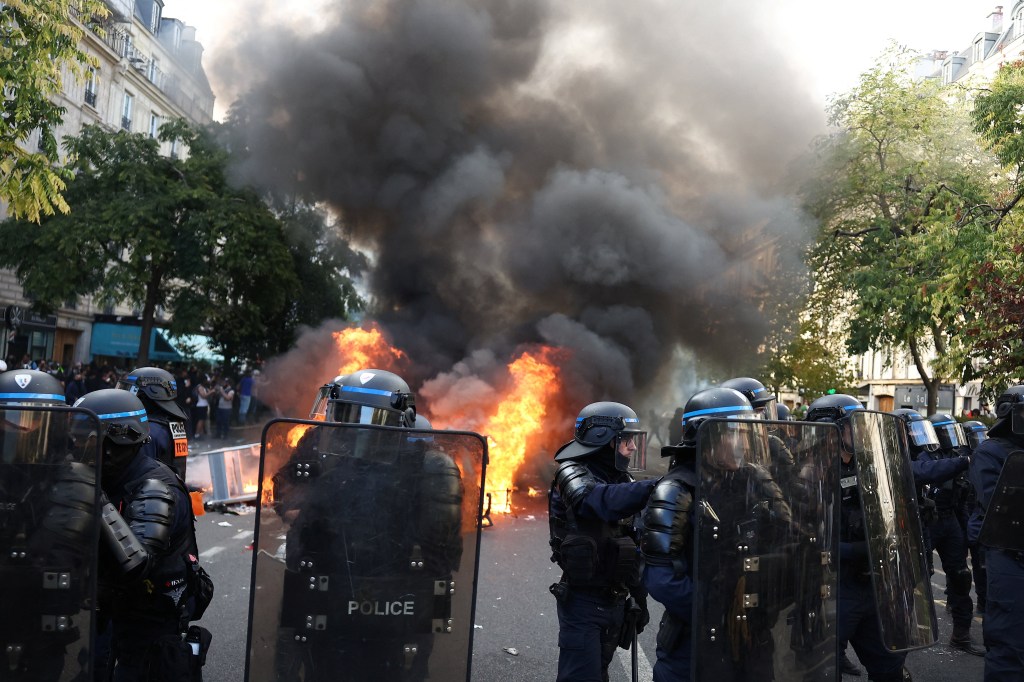 One-year-old baby struck by fireworks in violent student protests raging across France
