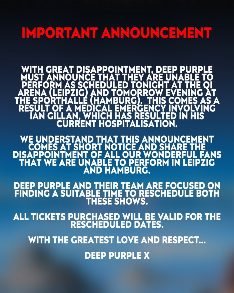 Deep Purple singer Ian Gillan, 81, hospitalized due to medical emergency, cancels upcoming tour dates