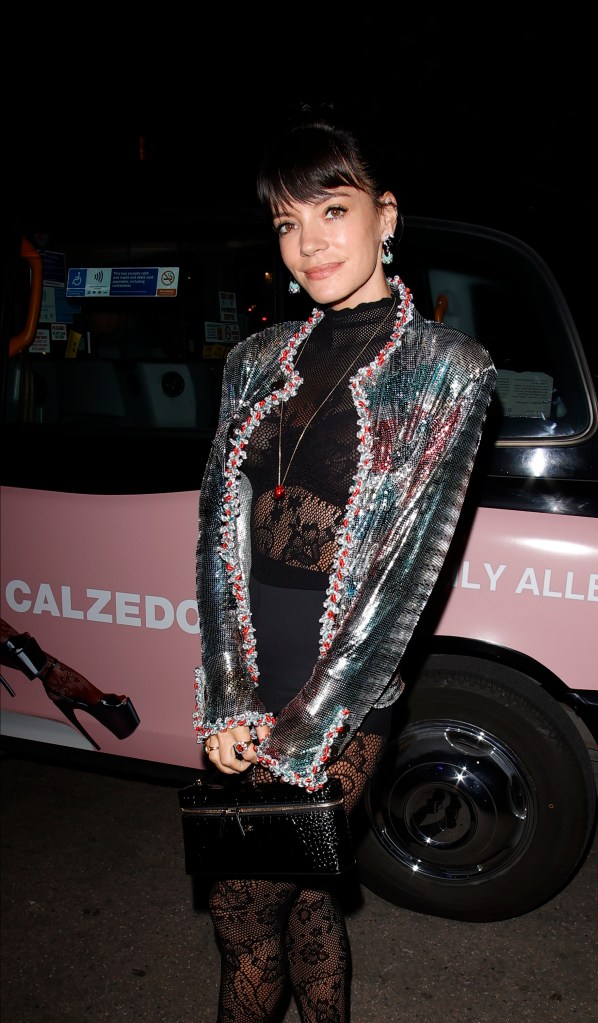 Lily Allen tops her see-through lace catsuit with a sparkling Chanel jacket