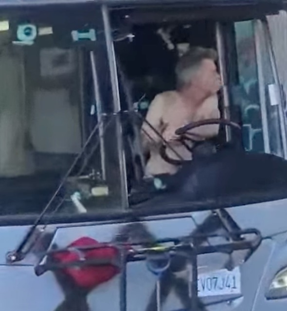 Unhinged moment shirtless man takes bus through California streets
