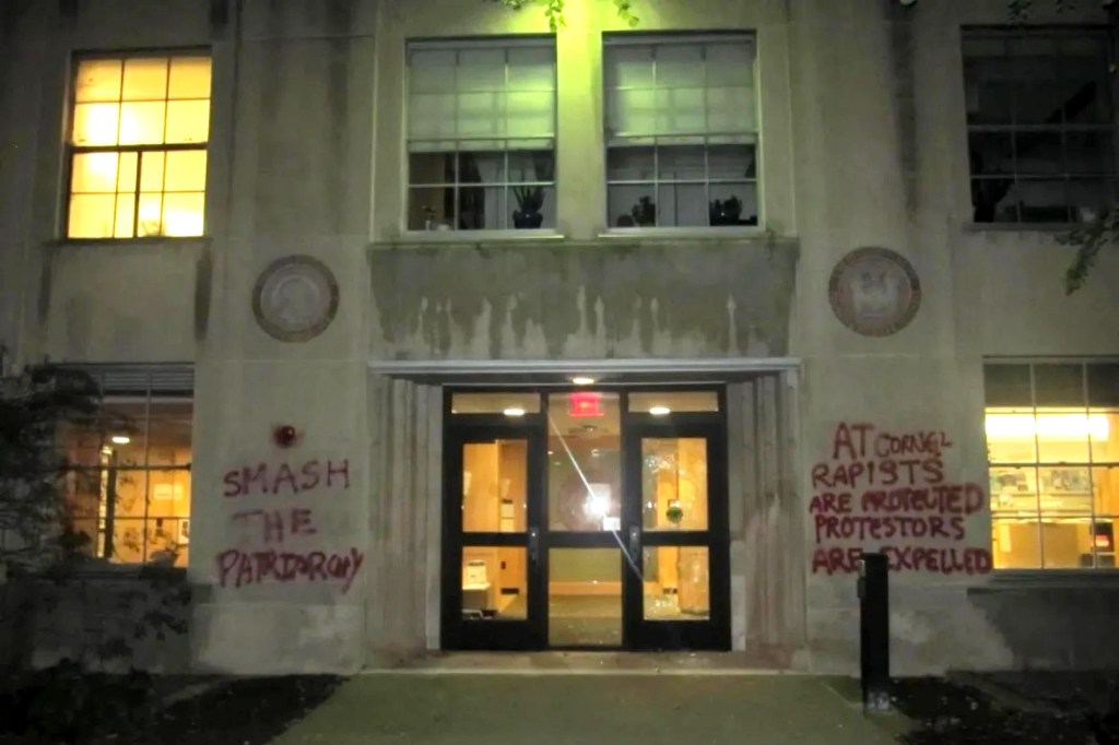 Cornell’s main building covered in graffiti, windows destroyed: ‘Smash the patriarchy’
