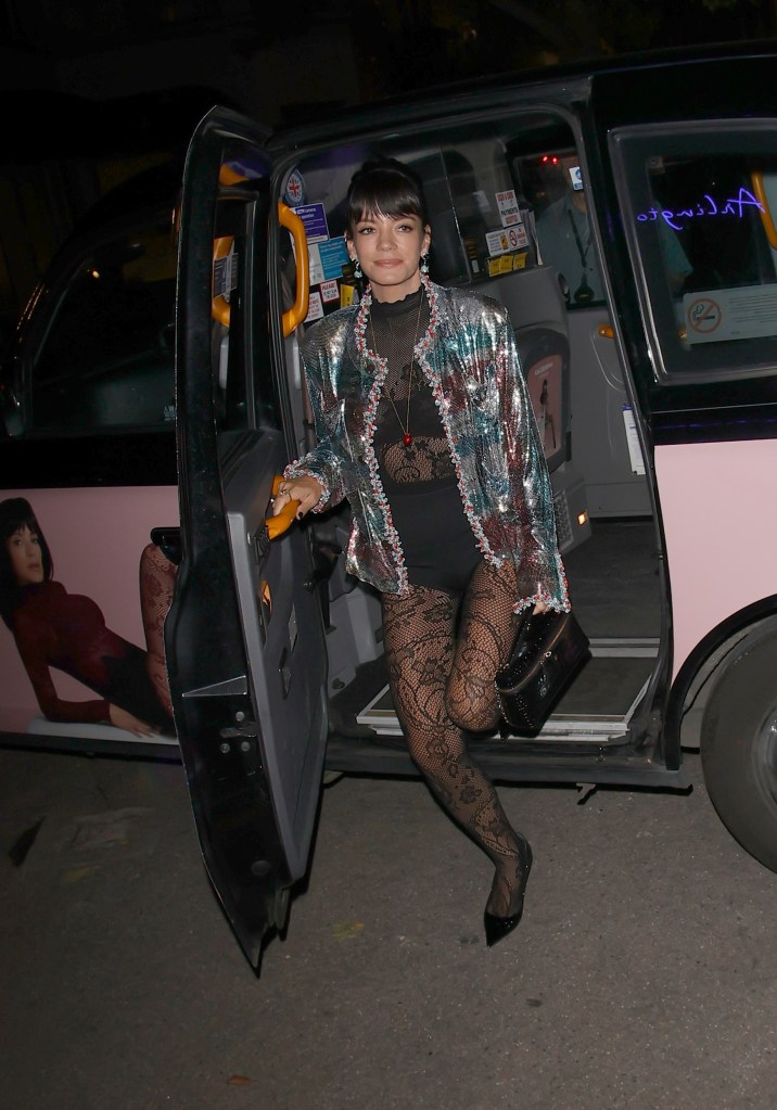 Lily Allen tops her see-through lace catsuit with a sparkling Chanel jacket