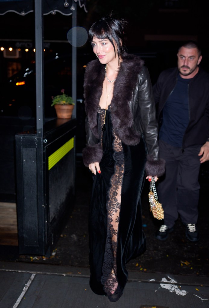 Dakota Johnson celebrates her birthday wearing sheer lace and fur