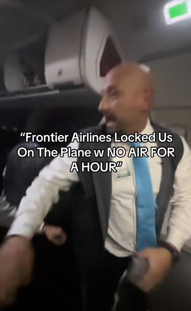 Frontier flight attendant pushes screaming passenger who appears to try to open exit door after flight is stranded at gate