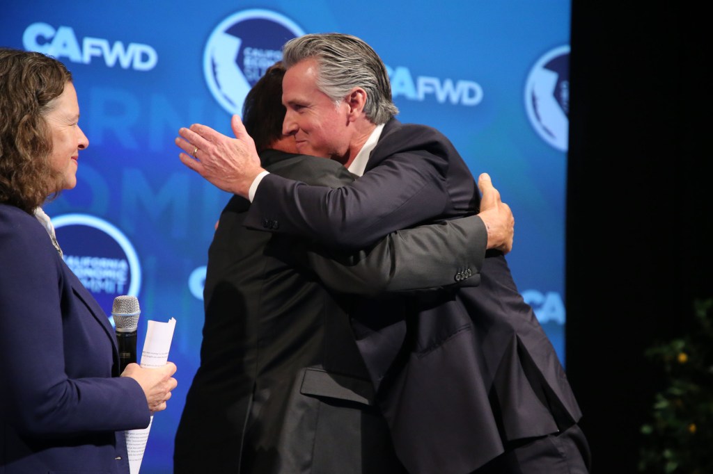 Gavin Newsom and Arnold Swartzenegger congratulate each other for California’s hated environmental regulations