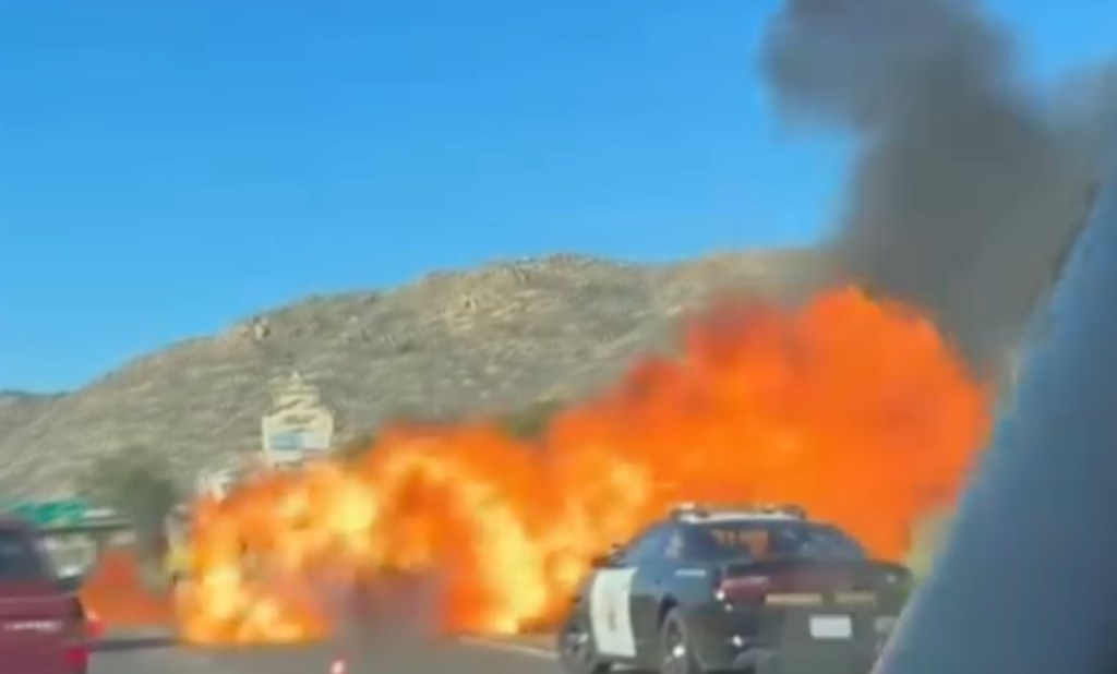 Harrowing moment California cops engulfed in flames after car explodes on freeway