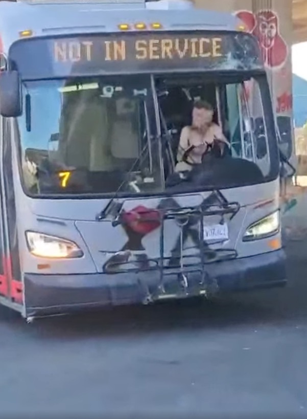 Unhinged moment shirtless man takes bus through California streets