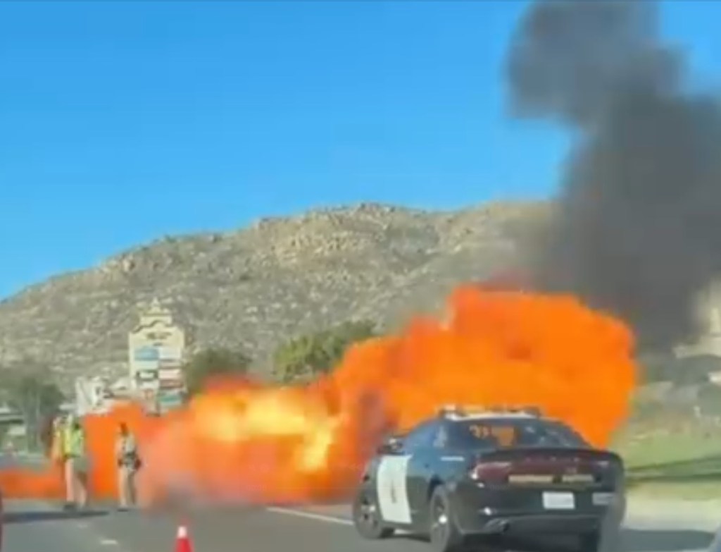Harrowing moment California cops engulfed in flames after car explodes on freeway