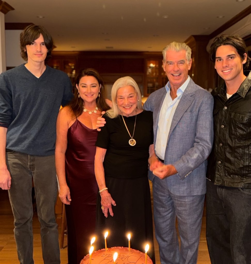 Pierce Brosnan’s wife, Keely Shaye Smith, stuns in satin dress in rare family pic at mom’s 82nd birthday