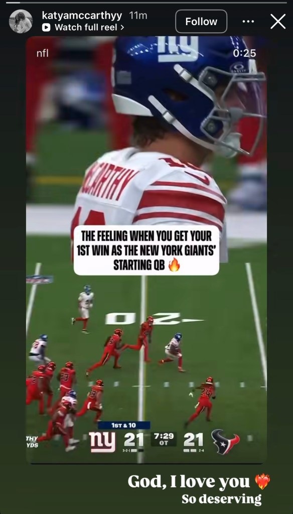 J.J. McCarthy’s wife gushes over QB after winning his first Giants start: ‘God, I love you’