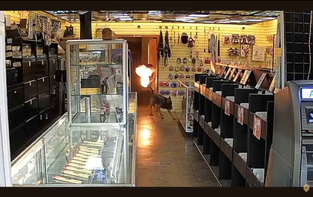 Insane video shows half-naked maniac shooting flamethrower at cops inside California sex shop