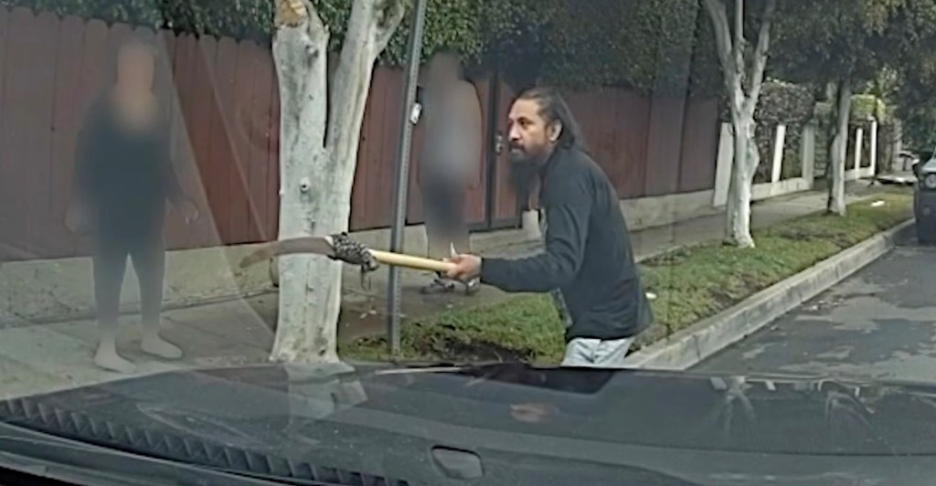 Moment madman with polesaw charges cops before he’s shot dead in bloody scene