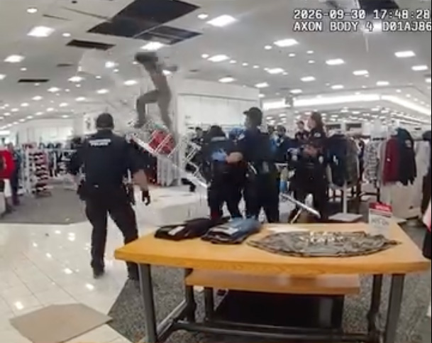 Shirtless burglar hiding in ceiling of Macy’s store dramatically falls from overhead space: shocking video