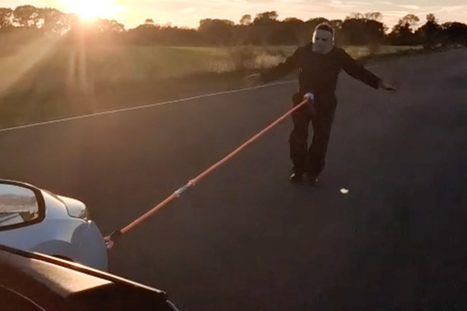 Strongman in Michael Myers Halloween costume pulls car with his penis — for a good cause: ‘Harder than it looks’ 
